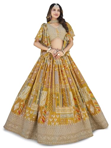 Image of Women's Digital Print With Zari Dori Embroidery Work Chinnon Silk Lehenga Choli With Dupatta (Women-Lehenga-Choli-New; Free size)