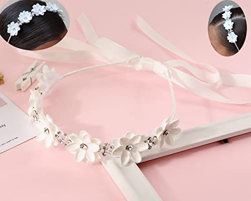 DDazzling Flower Girl Headpiece Princess Wedding Headband Girls First Communion White Floral Wreath Hair Accessory (White) - Thumbnail 4