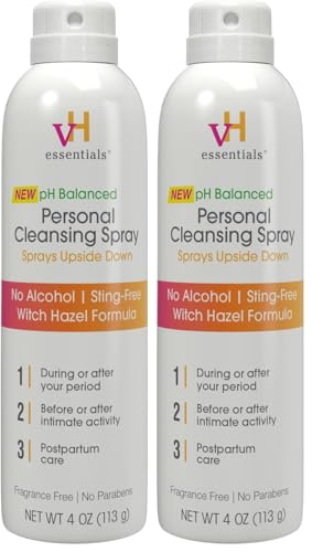 Image of vH essentials Personal Cleansing Spray, pH Balancing Lactic Acid, Sting-Free, Witch Hazel Formula, Fragrance free, Paraben free, Sprays upside down for easy external intimate cleansing, 4 floz