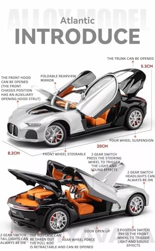 Image of Bugatti Atlantic 1:24 Diecast Scale Model Metal Pull Back Toy car for Kids with Openable Doors & Light, Music Toy Vehicle for Kids (Silver+Black-)