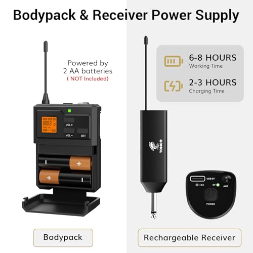 Image of TONOR UHF Wireless Microphone System with Headset Mic /Lavalier Lapel Mic, Bodypack Transmitter, Rechargeable Receiver, 15 Channels 200ft Range 1 /4 inch Output for Recording Live Performance PA Speaker