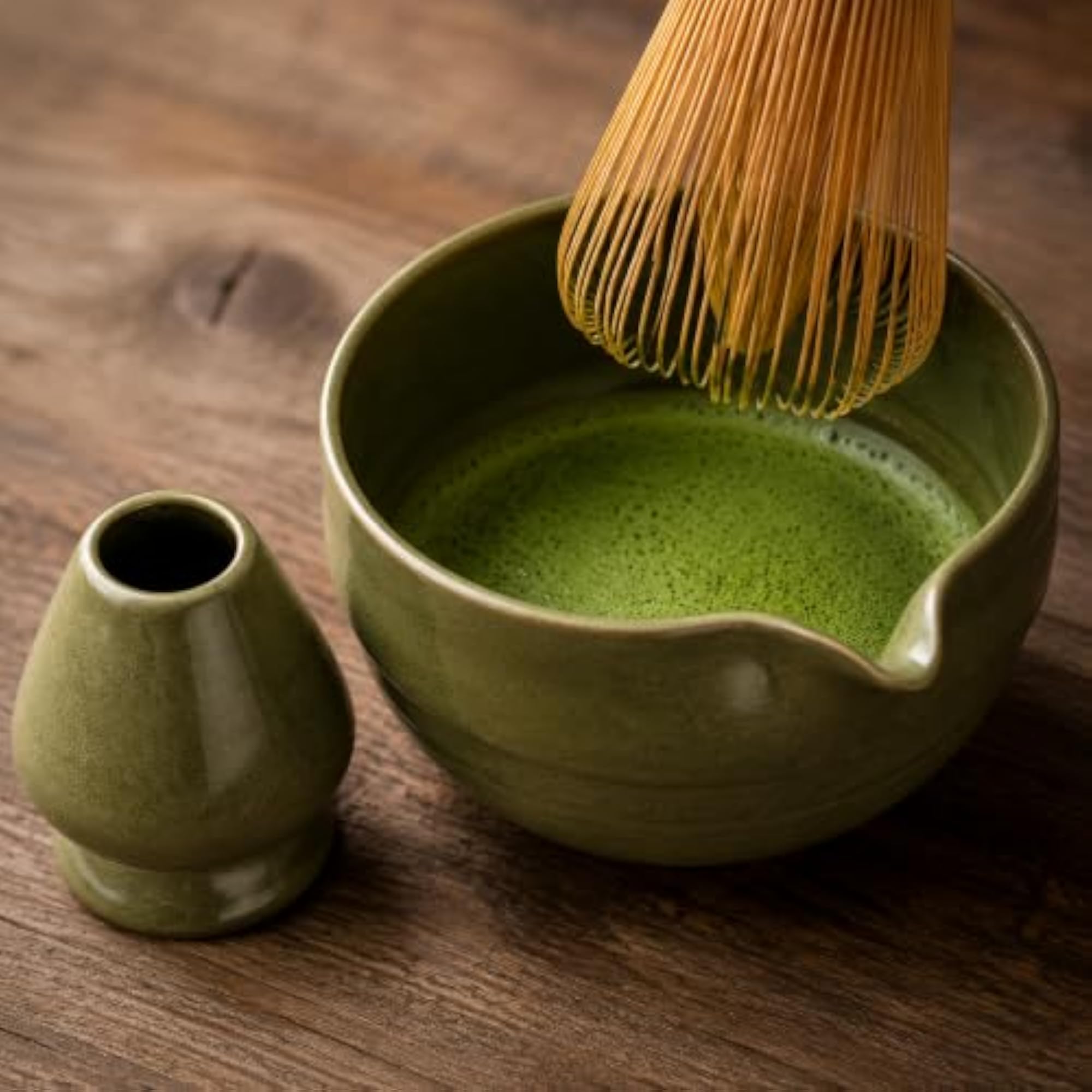 Ceramic Matcha Bowl Set with Whisk Holder, Kiln-Fired Dark Green