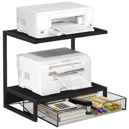ELITEROO 2-Tier Printer Shelf with Drawers, Wooden Desk Organizer Shelf for Small Printers and Office Supplies, Desktop Storage Rack for Books, Folders, Scanner, Fax Machine, 3D Printer, Black