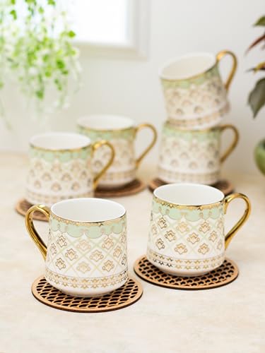 Image of Clay Craft Fine Ceramic Gold Printed Coffee /Tea Cups Set of 6-200 ml Each, Tea Cup Set of 6, Mugs for Coffee, Cups Set of 6, Mug Set, Ideal for Gifting, Perfect for Home and Office (E601)