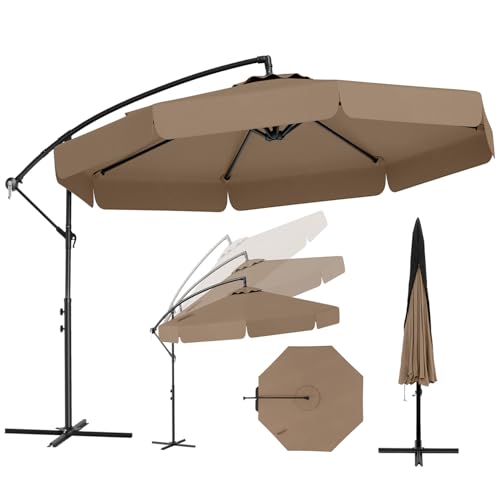 RELAX4LIFE Parasol Déporté Octogonal Φ305x250cm avec Housse, Parasol de Jardin Extérieur Inclinaison Réglable 0-35°, Manivelle et Base Croisée, 8 Baleines, Bords à Volants Chic pour Terrasse(Brun)