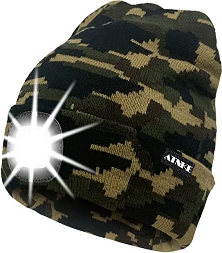 ATNKE Gorro con Luz LED, USB Recargable Gorra para Correr Super Brillante 4 LED Impermeable Luz Invierno Cálido Faros Regalos para Hombre y Mujer (Camuflaje Verde, Talla única)