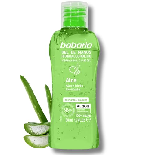 Babaria - Gel de Manos Antiséptico Aloe, Desinfectante, con Aloe y Jojoba, Protege, Cuida e Hidrata la Piel, con Perfume Floral, 70% de Alcohol, Sin Aclarar - 50 ml