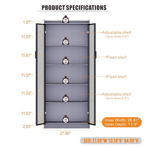 65" Tall Display Cabinet with Doors, Lighted Bookcase with Lights/Human Sensor, 5 Tier Display Case with Adjustable Shelves for Collectibles Bedroom Living Room Office, Grey-Smoked Black Door
