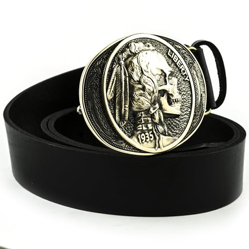 Leather belt Indian skull brass buckle, Liberty 1935, Chief skull, Indian head nickel, buffalo nickel, Native American history, cowboy belt2