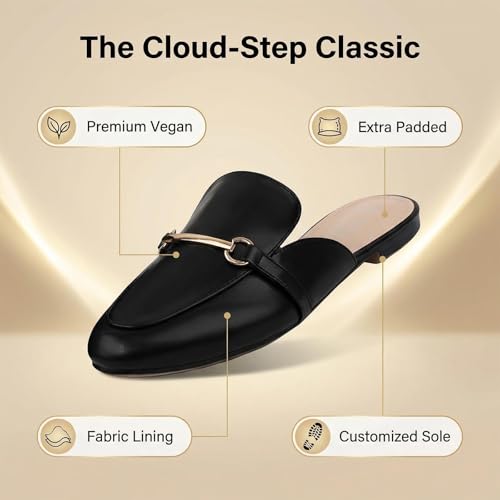 Image of MUSSHOE Gold Buckle Mules for Women - Comfortable Memory Foam Loafers, Classy Slip On Flats for Office Business Casual, Dressy Pointed Toe Shoes