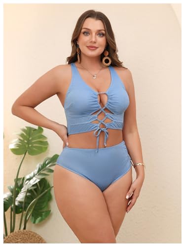 Image of SOLY HUX Women's Plus Size Bikini Set Sexy Swimsuit Lace Up Tummy Control 2 Piece Bathing Suit