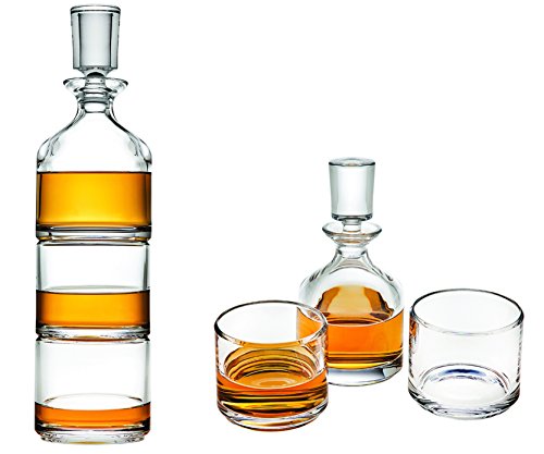 Godinger Stackable Whiskey Decanter and Whisky Glasses 3 pc set, for Liquor Scotch Bourbon or Wine