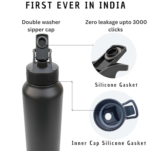 Image of Speedex Stainless Steel Metal Water Bottle 1 Ltr 1000 ml, BIS Approved, Leak Proof Sipper Cap Bottle for Office, School, Gym, Travel, Daily Use for Men, Women, Kids, Adults, Black, Set of 1