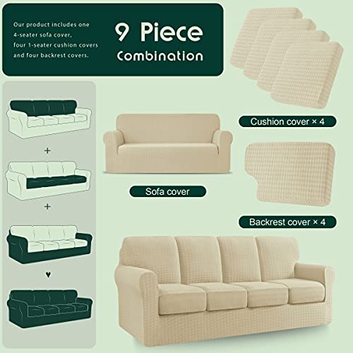 Chun Yi 9 Piece Oversized Sofa Cover, 4 Seater Stretch Couch Slipcover With Four Separate Backrest And Cushion With Elastic Band, Houndstooth Fabric( X-Large, Ivory White) #TOP2