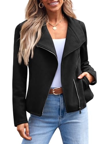 AUTOMET Women‘s Faux Suede Leather Jacket, Cropped Open Front Coat for Fall Winter Spring, Cardigan Style Black L