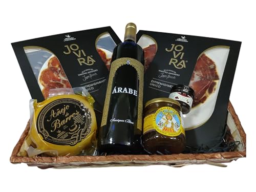 Cesta Gourmet Garciaz Regalo Empresas Sin Gluten Botella Vino Blanco Árabe Loncheado Lomo y Jamón Ibérico Queso de Oveja Miel Pura Natural Mermelada Cerezas Cesta Regalo Bambú – CORAZON EXTREMEÑO
