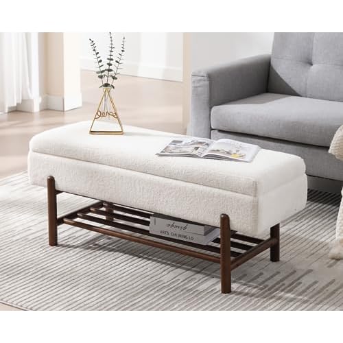 CIMOTA Entryway Storage Bench for Bedroom Sherpa End of Bed Upholstered Ottoman Bench with Wood Shoe Storage/Coffee Table for Living Room/Hallway/Under Window, 46.5 Inches, Fur Beige