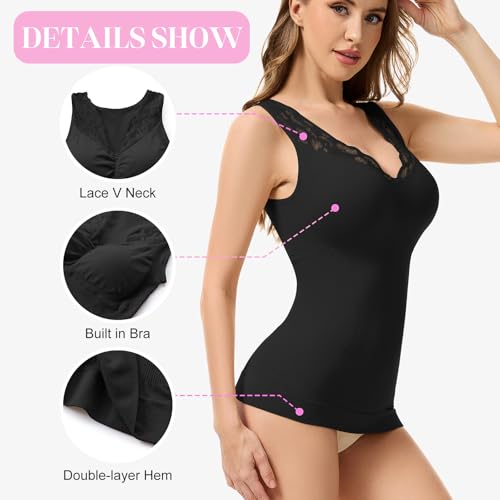 Tummy Control Shapewear Tank Tops with Built in Bras Lace V Neck Compression Camisole Tops Shaper Cami for Women3