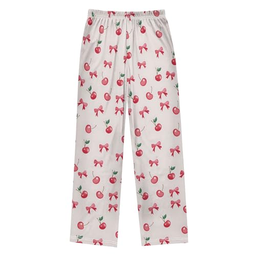 Pajama Pants Sleep Pants Soft Elastic Waist Pajama Lounge Pants Fresh Cherry Pink Bow for 6-14 Years Old2