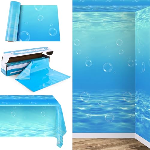 Image of Kochorie 54 Inch x 100 Ft Ocean Waves Plastic Tablecloth Roll in Slide Cutter Box Under the Sea Table Cover Blue Water Print Backdrop Bulletin Board Plastic Roll for Beach Pool Birthday Party Decor