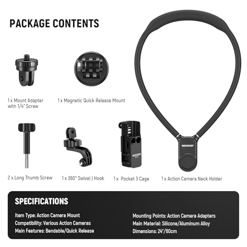 NEEWER Magnetic Neck Mount with Pocket 3 Cage, Flexible Quick Release Action Camera Neck Holder Compatible with Hero 13 12 11 Max DJI Action 5 Pro Insta360 Osmo Pocket 3 Accessory for POV, GP39 by NEEWER - Image 9