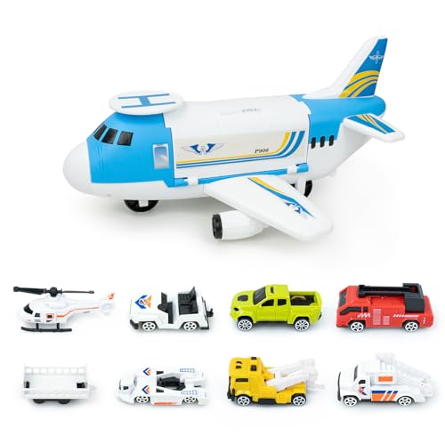 RedCrab Flugzeug Spielset, Transport Flugzeug Spielzeug mit Auto Helikopter und Rampe, Kinder Fahrzeuge Lernspielzeug Spielzeugauto Set Geschenk für Kinder Spielzeug ab 3 Jahre