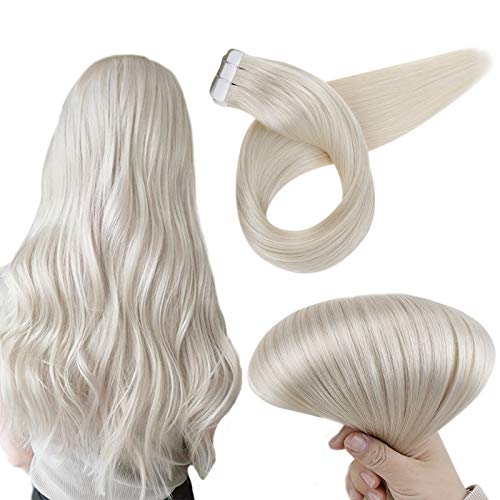 RUNATURE Real Hair Tape in Extensions 16 Inches Color 800 White Blonde 50g Per Pack(20Pieces, 2.5g Per Piece) Invisible Adhesive Human Hair Extensions