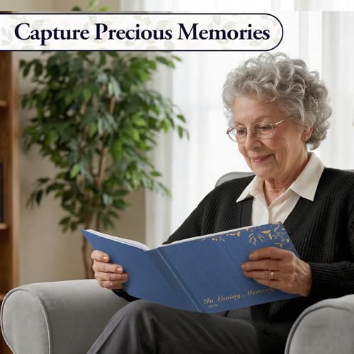 Image of Funeral Guest Book for Celebration of Life, Blank Unlined Memorial Memory Book, 2026 Blue Linen Gold Foil Hardcover with Table Sign & Welcome Card, 8.66 x 6.69 in, 120 Pages / 60 Sheets
