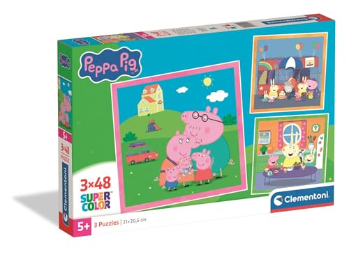 Clementoni - Peppa Pig Super Color - Pack de 3 Puzzles de 48 Piezas para Niños, Edad 4+, Imágenes Vibrantes de la Familia Pig, Materiales Sostenibles, 32 x 22 cm
