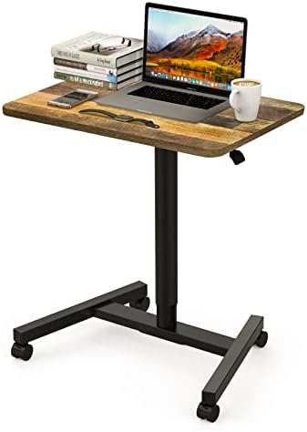 28 Inch Height Adjustable Laptop Sit Stand Desk with Wheels, Adjustable Rolling Standing Laptop Mobile Desk Cart Coffee Table (Wood)