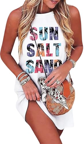 Image of Sun Salt Sand Coconut Tree Tank Mini Dress for Women Sleeveless Beach Praty Shirts Summer Vacation Short Mini Dresses