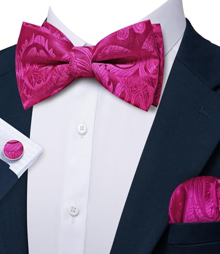 Image of Barry.Wang Paisley Striped Bow Tie for Men Silk Pre-Tied Bowtie Pocket Square Cufflinks Set Formal Wedding Party Prom