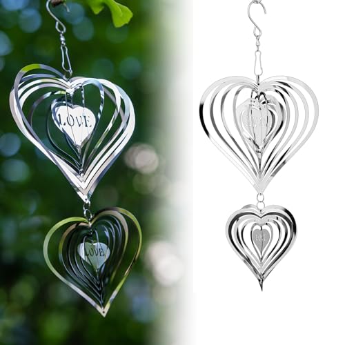 Stainless Steel Wind Spinner,3D Silver Indoor Outdoor Garden Decoration Crafts Ornaments,Metal Wind Chimes for Outside Decor,Decorations to Scare Away Yard Birds (1 Big and 1 Small-Heart)