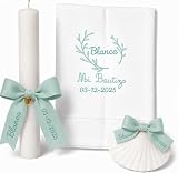 Kit de Bautizo Personalizado | Vela Artesanal con Lazo, Pañuelo Bordado y Concha Bautismal | Pack Premium con Vela Bautismo,Toalla de Bautismo Bordada, Concha Marina (Verde)