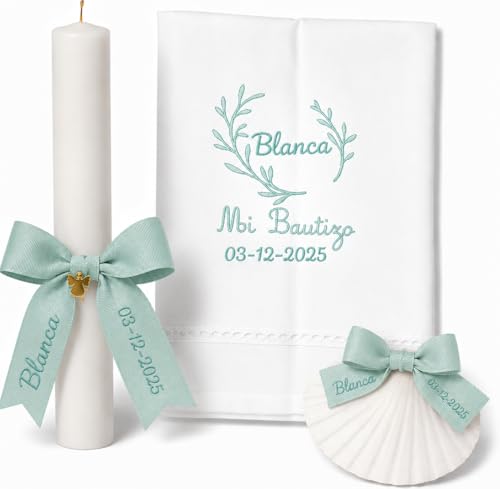Kit de Bautizo Personalizado | Vela Artesanal con Lazo, Pañuelo Bordado y Concha Bautismal | Pack Premium con Vela Bautismo,Toalla de Bautismo Bordada, Concha Marina (Verde)