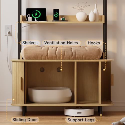 Image of ONBRILL 54 Inch Hidden Litter Box Furniture with Shelves and Outlets,Oak
