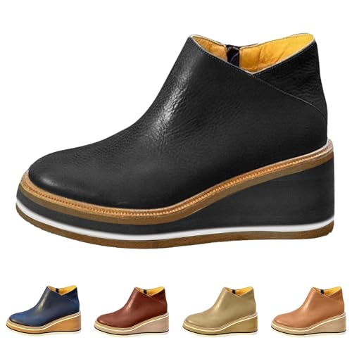 Womens Wedge Ankle Boots Zipper Wedge Leather Booties 2025 Casual Winter Fall Dress Short Chelsea Boots Walking Shoes4
