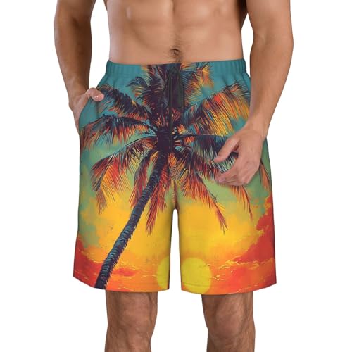 Men's Swim Trunks Quick Dry Board Shorts Beach Bathing Suits - Hawaii Tropical Palm Tree Retro