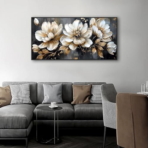 Grand tableau salon moderne fleur blanche abstrait or pour habiller un grand mur vide