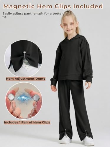 Image of Girls 2 Piece Hoodie Bell Bottom Sweatsuit Fall Outfit Set | Long Sleeve,front pocket,side-slit flare,machine washable,soft rayon-blend,skin-friendly,stretchy,durable