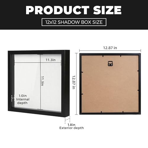 Muzilife 12x12 Shadow Box Picture Frame with Linen Board - Deep Wood & Tempered Glass Display Case Memory Box Baby Sports Memorabilia, Pins, Awards, Medals, Wedding, Tickets and Photos (Black)