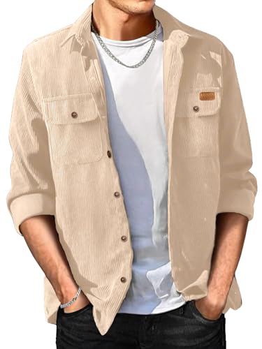 Image of Comdecevis Cotton Lightweight Jackets for Men Fitted Corduroy Shirts Shackets Button Shirts Coat with Flap Pockets Light Khaki Large