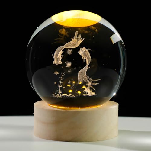 Image of Arikyrist 3D Goldfish Crystal Ball Night Light, Crystal Goldfish Figurines with Wooden Base Gifts for Women and Kids, 3D Laser Engraved Glass Sphere Paperweight Decor for Home Office.