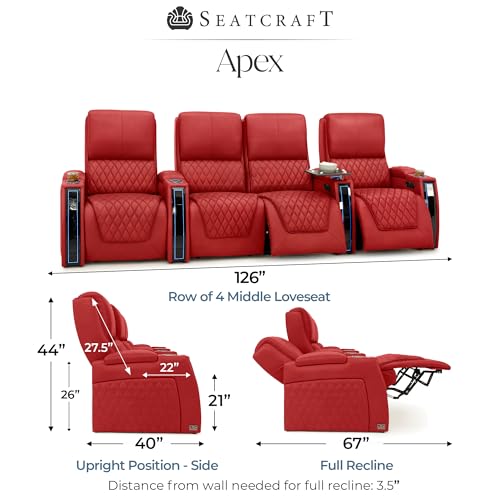 Image of Seatcraft Apex Red Italian Leather Home Theater Seating, Zero Gravity Power Recliner Chair, Powered Headrest and Lumbar Gaming and Lounge Sofa Furniture for Cinema Room, Row of 4 Middle Loveseats