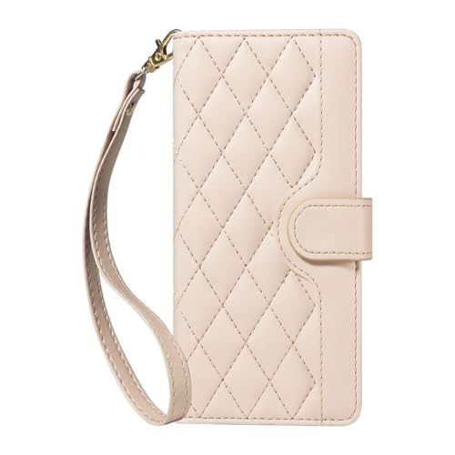 Étui portefeuille en cuir de luxe beige pour iPhone 15