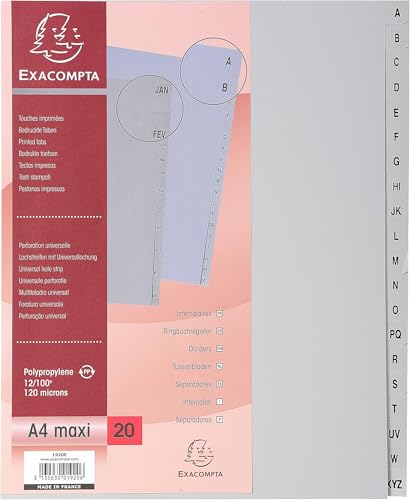 Image of Exacompta - Ref 1920E - PP Printed Indices - for Use with A4+ Documents, 0.1mm Polypropylene, Pre-Punched, Soft & Tear Resistant - 20 Divider Parts (A-Z) - Grey (Pack of 5)