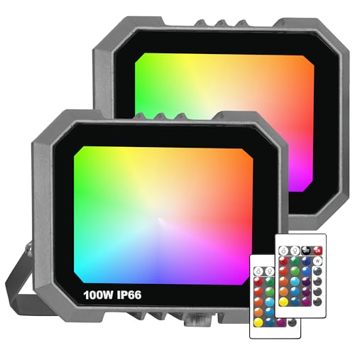 Leddictive 2 Pack RGB LED Flood Light 100W, 1000W Equivalent 10000 LM Outdoor Landscape Flood Lights with 2 Remote, IP66 Waterproof Outdoor Light for Christmas Party Stage Uplight Wall Wash
