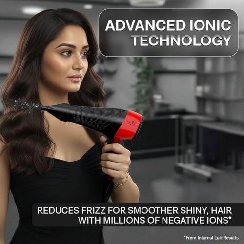 Image of Ikonic Pro 2200+ Hair Dryer, 2200W Powerful AC Motor, Ionic Technology, 2 Speed & 3 Heat Setting, Cool Shot, Low Noise, Hair Diffuser & Nozzle, For Women & Men, All Hair Type (Black & Red)