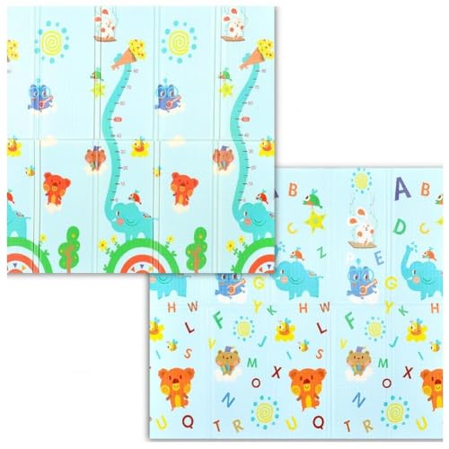 Aoasious プレイマット 折りたたみ 両面パターン 厚手 滑り止め 防水 防音 衝撃吸収 転倒防止 ベビーマット お昼寝マット 赤ちゃん・幼児向け 室内&屋外 大判 180×200×2cm 出産祝い (180x200x1.5CM,象-身長測定)