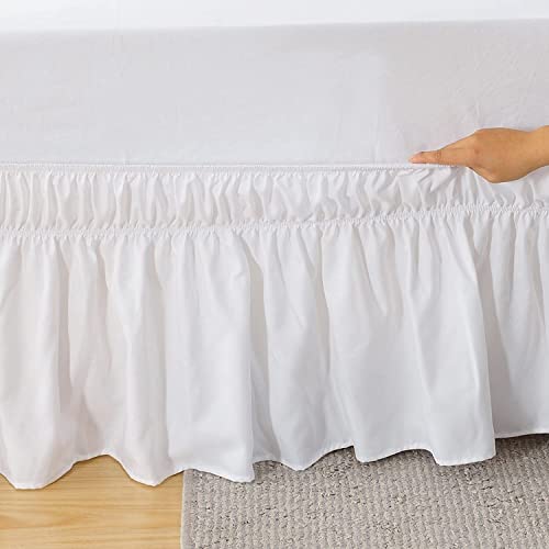 Meila Wrap Around Bed Skirt Three Fabric Sides Elastic Dust Ruffled 16 Inch Tailored Drop,Easy To Install Fade Resistant-White, Twin/Full #TOP3